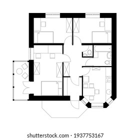 Black and white architecture plan of house with furniture. Cottage with bay window in the kitchen. Vector illustration