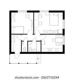 Black and white architecture plan of house with furniture. Floor plan, top view. 