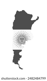 Black and white Argentina map vector silhouette illustration isolated on white background. Patriotic Argentina flag map. Southern America state symbol. Rising sun with human face.