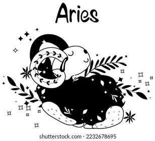 Black and white Aries astrological sign. Cute Zodiac sign with colorful leaves and stars around. Cute Aries perfect for posters, logo, cards. Vector illustration.