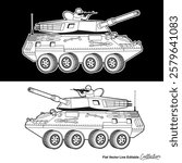 Black and white army battle tank, flat vector illustration