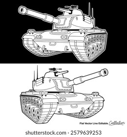 Black and white army battle tank, flat vector illustration