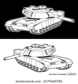 Black and white army battle tank, flat vector illustration