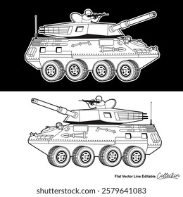 Black and white army battle tank, flat vector illustration