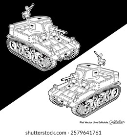 Black and white army battle tank, flat vector illustration