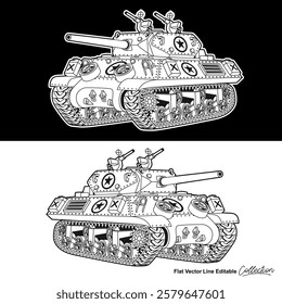 Black and white army battle tank, flat vector illustration