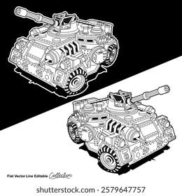 Black and white army battle tank, flat vector illustration