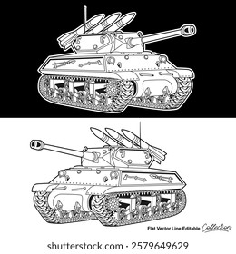 Black and white army battle tank, flat vector illustration