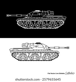 Black and white army battle tank, flat vector illustration