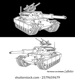 Black and white army battle tank, flat vector illustration