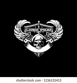 Black and White Army Skull head vector with Wing and Sword badge logo template