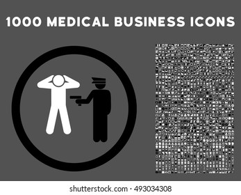 Black And White Arrest vector bicolor rounded icon. Image style is a flat icon symbol inside a circle, gray background. Bonus clipart has 1000 medical business pictograms.