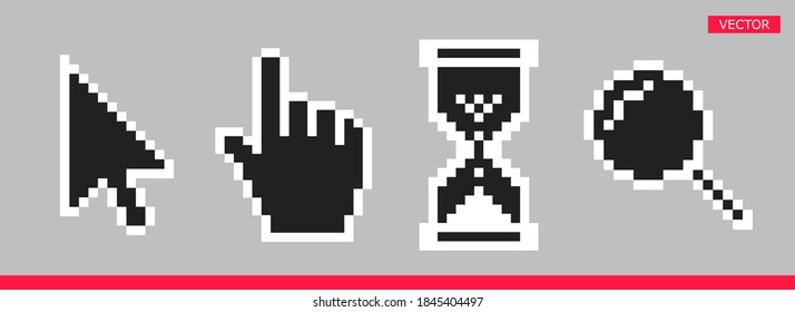Flecha blanca y negra, mano, lupa y píxeles de cristal de color iconos del cursor del ratón ilustración del vector conjunto diseño de estilo plano aislado en fondo gris.