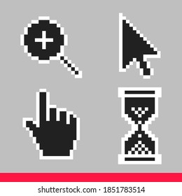 Black and white arrow, hand, magnifier and hourglass pixel mouse cursor icons vector illustration set flat style design isolated on white background.