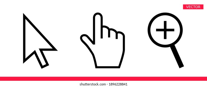Black and white arrow, hand and magnifier mouse cursor icons vector illustration set flat style design isolated on white background.