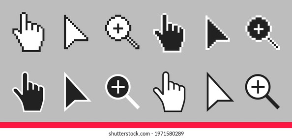 Black and white arrow, hand and magnifier non pixel mouse cursor icons vector illustration set flat style design isolated on gray background.