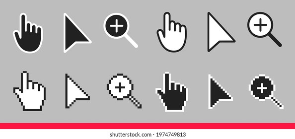 Black and white arrow, hand and magnifier non pixel mouse cursor icons vector illustration set flat style design isolated on gray background.