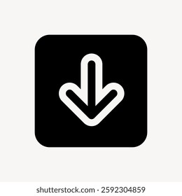 Black and white arrow icon pointing down. Simple down arrow design. Minimalist  symbol.pointing downwards in a square. Bold graphic. Isolated vector element.