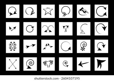 Black and white arrow icons in various styles, including spirals and hand gestures. Ideal for navigation, signage, and design.