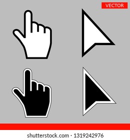 Black and white arrow no pixel and mouse hand cursors icon vector illustration set flat style design isolated on gray background.