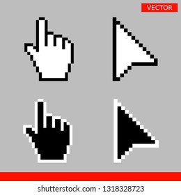 Black and white arrow pixel and pixel mouse hand cursors icon vector illustration set flat style design isolated on white background.