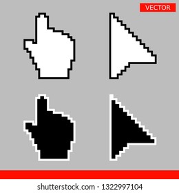 Black and white arrow pixel and pixel mouse hand cursors icon vector illustration set flat style design isolated on white background.