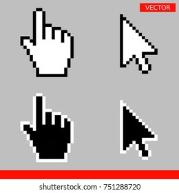 Black and white arrow pixel and pixel mouse hand cursors icon vector illustration set