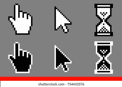 Black and white arrow pixel, pixel mouse hand and hourglasses cursors icon vector illustration set