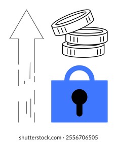 Black and white arrow pointing upwards, a stack of coins, and a blue lock symbolize growth, wealth, and security. Ideal for finance, investment, savings, security, and economic growth themes