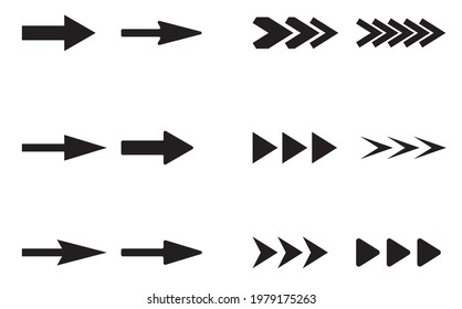 Black and white arrows of different shapes and lengths. Vector Illustration