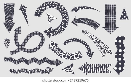 Black and white arrows of different shapes. Different textures and shapes. Dynamic arrow signs. Seamless pattern cow, tiger, zebra.