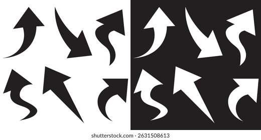 Black and white arrows icon vector set. Bold arrow symbol curved flat design isolated. Set of curved isolated arrows on white and black background. Eps 10