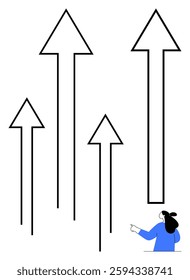 Black and white arrows pointing upwards with a person in blue pointing at them. Ideal for business growth, success, development, progress, and ambition. Simple, clean style