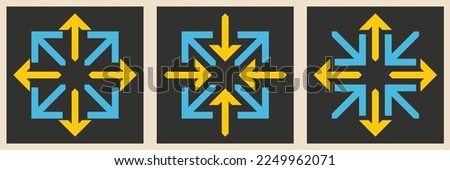 Black and white arrows represent expansion, contraction, motion in and out, center, off center, epicenter, target, and radar concepts. Vector abstract geometric illustration