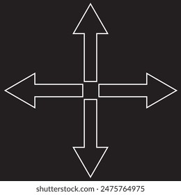 : Schwarze und weiße Pfeile. Satz von Pfeilsymbol, Vektorgrafik. Schwarzer Horizontaler Pfeil an allen Seiten. Symbol für Vektorgrafik mit geraden langen Pfeilen. Schwarze Pfeile links und rechts oben unten im flachen Stil. Pfeil Silhouette, Symbol