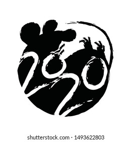 Black and white art. 2020 year of the mouse zodiac. The animal of the Chinese zodiac. Hand drawn vector illustration.