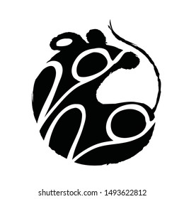 Black and white art. 2020 year of the mouse zodiac. The animal of the Chinese zodiac. Hand drawn vector illustration.