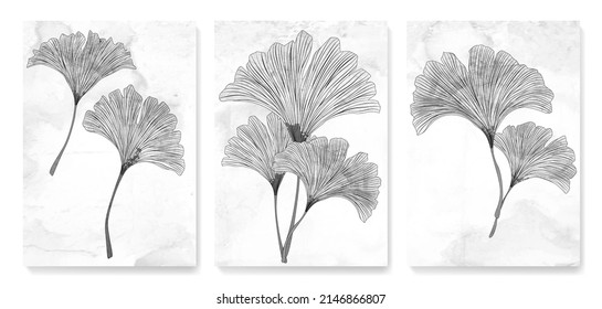 Black and white art background with ginkgo leaves in art line style. Botanical poster with watercolor leaves in art line style for decor, design, wallpaper, packaging	
