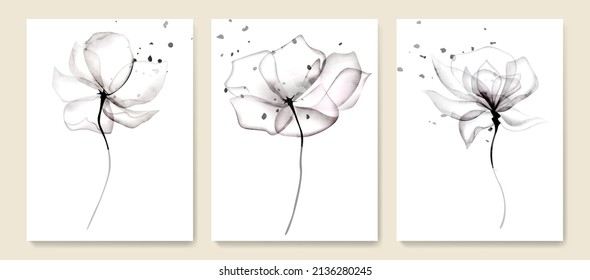 Fondo de arte blanco y negro con flores rosadas de rayos X transparentes. Juego de pósters de acuarela botánica minimalista para el diseño de embalajes, decoración interior, papel pintado