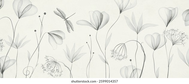 Black and white art background with transparent flowers and grass in watercolor style. Hand drawn botanical banner for decor, print, wallpaper, textile, poster, interior design.