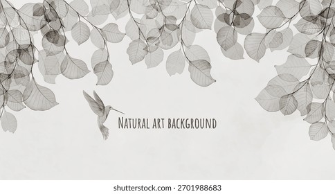 Fondo de arte blanco y negro con hojas transparentes en una rama de árbol. Un Anuncio de Vector natural en un estilo de acuarela para decoración, estampados, Fondo de pantalla, textiles, empaques e interiorismo.