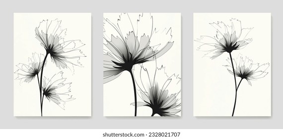 Black   white art background and x  ray style flowers  Botanical hand drawn vector set for decor  print  poster  wallpaper  interior design  invitations  cover 