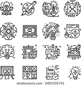 Schwarz-Weiß-Kunst, Kreativität und Grafikdesign-bezogene Bearbeitbare Hub-Kontur-Symbole Set einzelne Hintergrund-Vektorgrafik