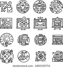 Arte blanco y negro, creatividad y diseño gráfico relacionados con el contorno de trazo editable iconos conjunto de ilustración de vector plano aislado