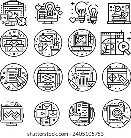 Black and white Art, creativity and graphic design related editable stroke outline icons set isolated background flat vector illustration