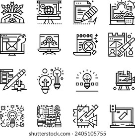 Black and white Art, creativity and graphic design related editable stroke outline icons set isolated background flat vector illustration