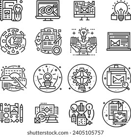 Black and white Art, creativity and graphic design related editable stroke outline icons set isolated background flat vector illustration