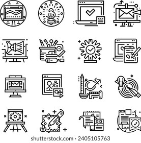 Black and white Art, creativity and graphic design related editable stroke outline icons set isolated background flat vector illustration