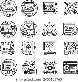 Arte blanco y negro, creatividad y diseño gráfico relacionados con el contorno de trazo editable iconos conjunto de ilustración de vector plano aislado