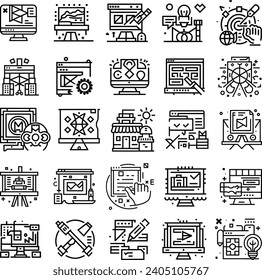 Black and white Art, creativity and graphic design related editable stroke outline icons set isolated background flat vector illustration